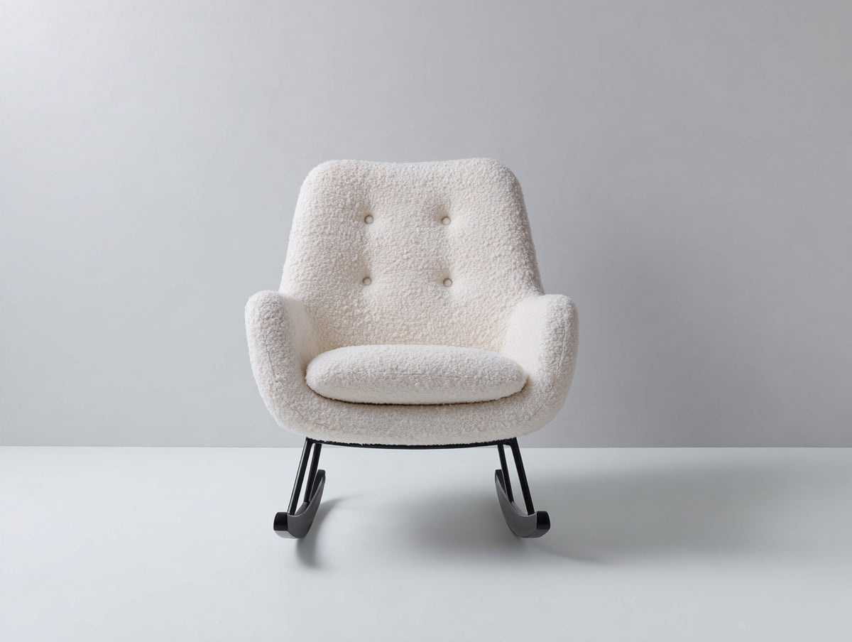 Schaukelstuhl mit Bouclé Bezug 78x90x95 cm - Creme-Schwarz - mit Armlehnen und Metallkufen - modernes Design