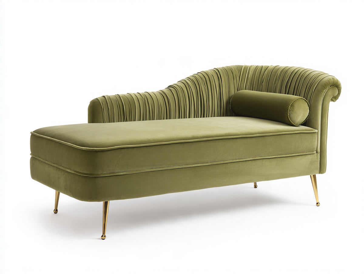 Chaiselongue aus Samt 180 x 80 x 88 cm - Olivgrün-Gold - Gepolstert mit geschwungener Rückenlehne und Metallbeinen