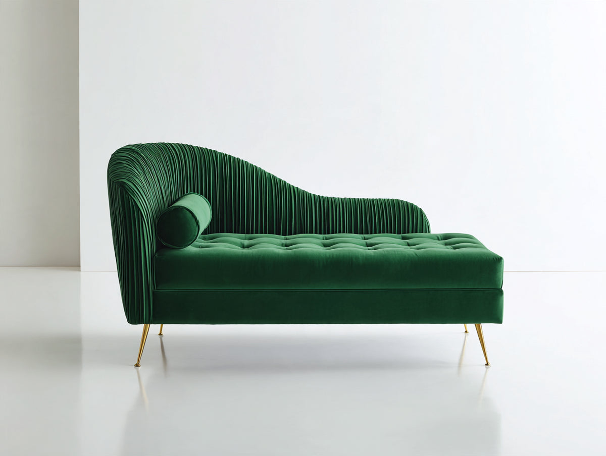 Chaiselongue aus Samt 175 x 78 x 90 cm - Dunkelgrün-Gold - Gepolstert mit Knopfheftung und Metallbeinen