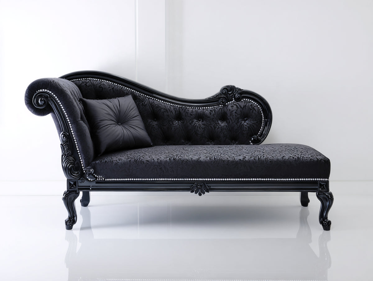 Chaiselongue aus Stoff 185 x 80 x 95 cm - Schwarz - Gepolstert mit Knopfheftung und geschwungener Rückenlehne