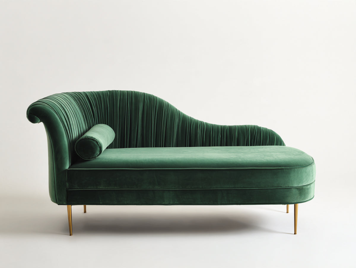 Chaiselongue 190 x 80 x 85 cm - Dunkelgrün-Gold - Samtoptik mit plissierter Rückenlehne - elegantes Design für Wohnzimmer und Ruhebereich