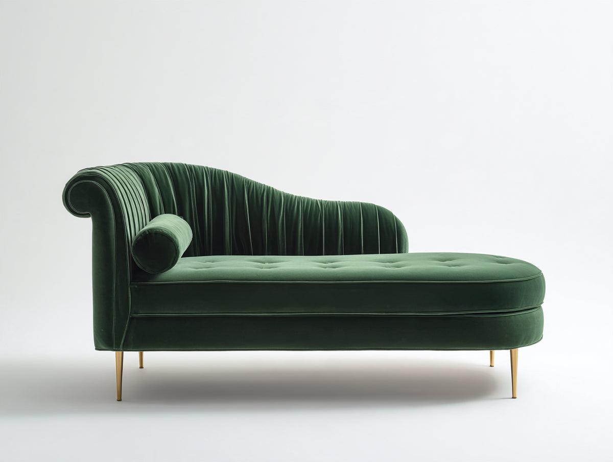 Chaiselongue aus Samt 178 x 79 x 86 cm - Dunkelgrün-Gold - Gepolstert mit geschwungener Rückenlehne und Metallbeinen