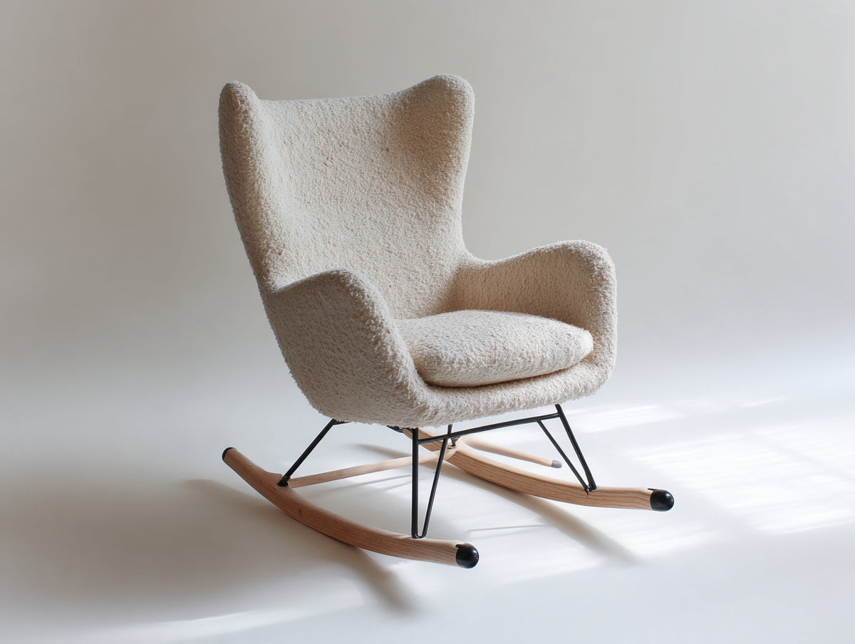 Schaukelstuhl aus Bouclé 78 x 95 x 105 cm - Creme-Naturholz-Schwarz - Gepolstert mit hoher Rückenlehne und Holzkufen