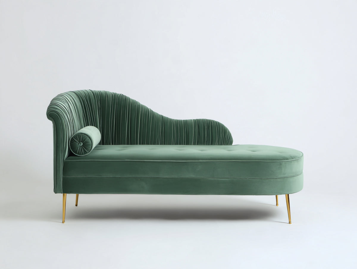 Chaiselongue aus Samt 190x82x90 cm - Salbeigrün - Geschwungene Rückenlehne mit Faltenstruktur