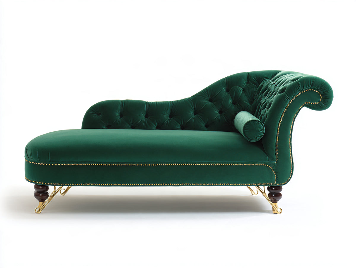 Chaiselongue 185 x 78 x 88 cm - Dunkelgrün-Gold - Samtoptik mit Knopfheftung und geschwungener Rückenlehne - klassisches Design